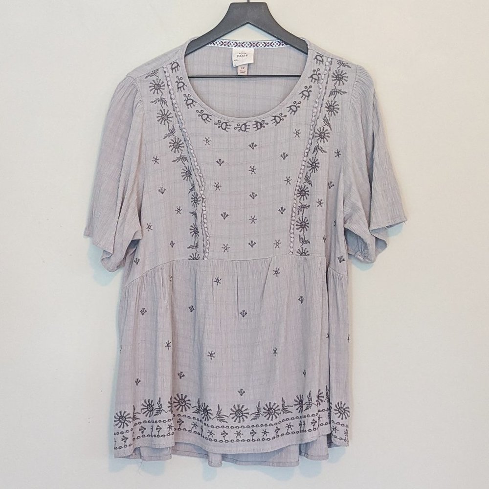 Knox Rose Sz 1X Boho Tunic Gray Embroidery Light and Airy